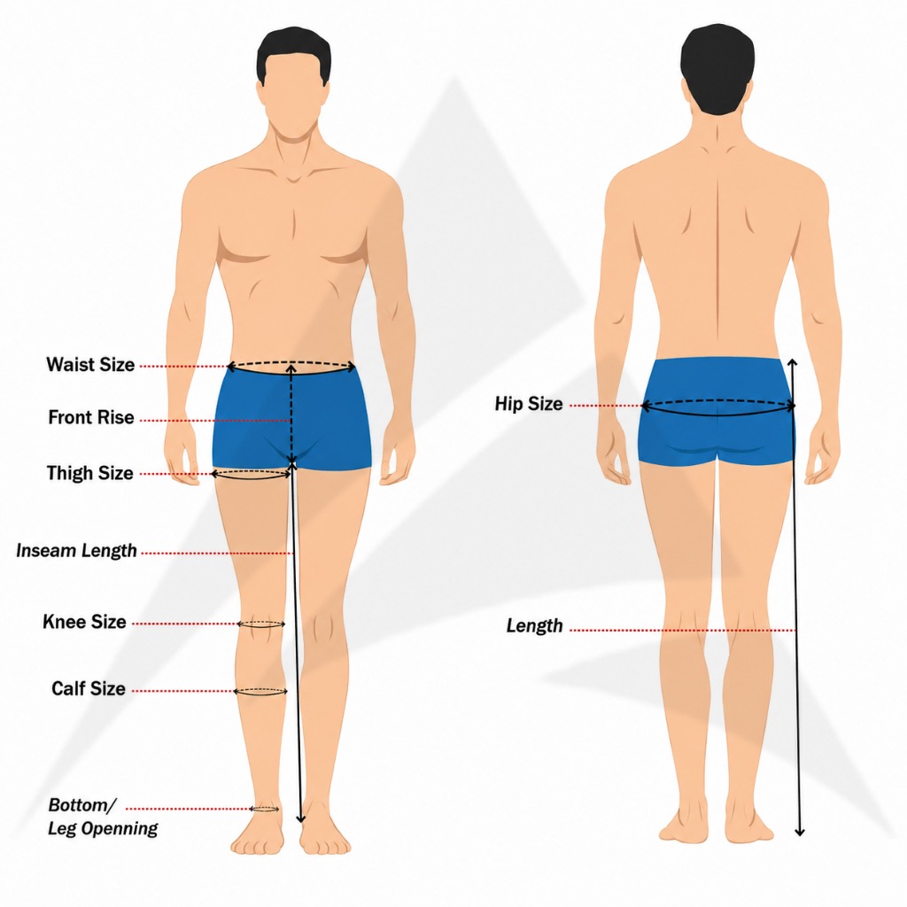 How to Measure Leather Pants and Jeans - Waist, Hips, Inseam, Rise, Thigh, Knee, Calf, Leg Opening Body Diagram