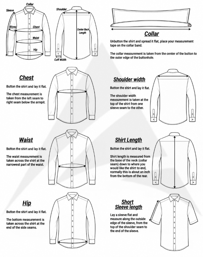 How to Measure Leather Shirt - Collar, Chest, Shoulder, Waist, Length, Sleeve Flat Measuring Diagram