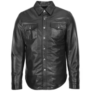 Men’s Black Faux Leather Short Sleeve Shirt with Front Pockets
