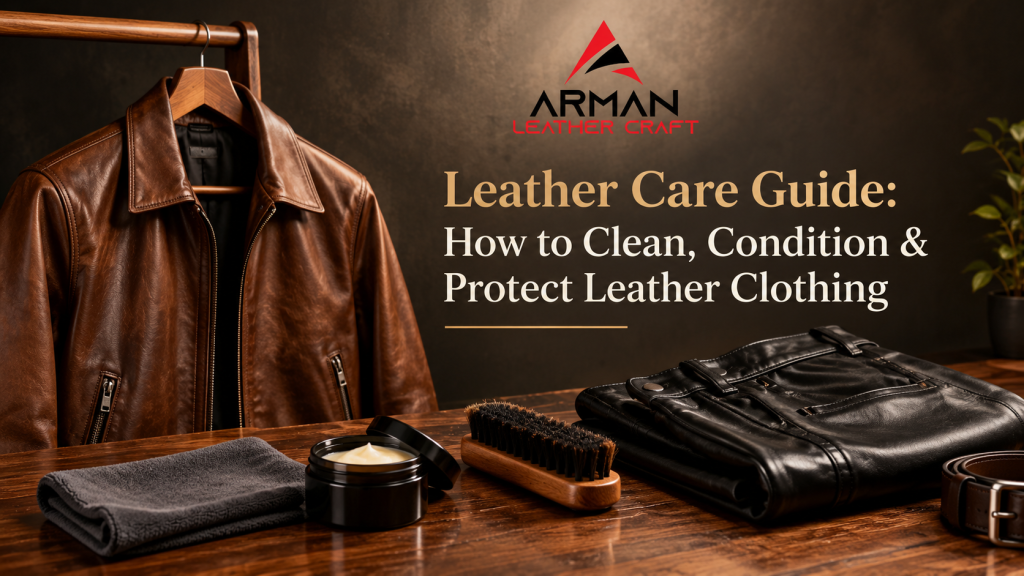Brown leather jacket hanging neatly, showcasing proper leather care