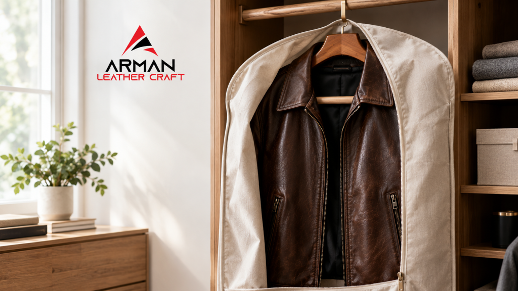 Leather jacket stored on a padded hanger in a cotton garment bag