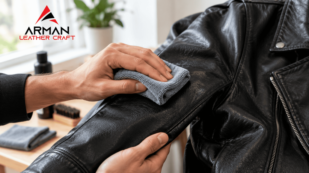 Person gently cleaning a black leather jacket with a soft cloth